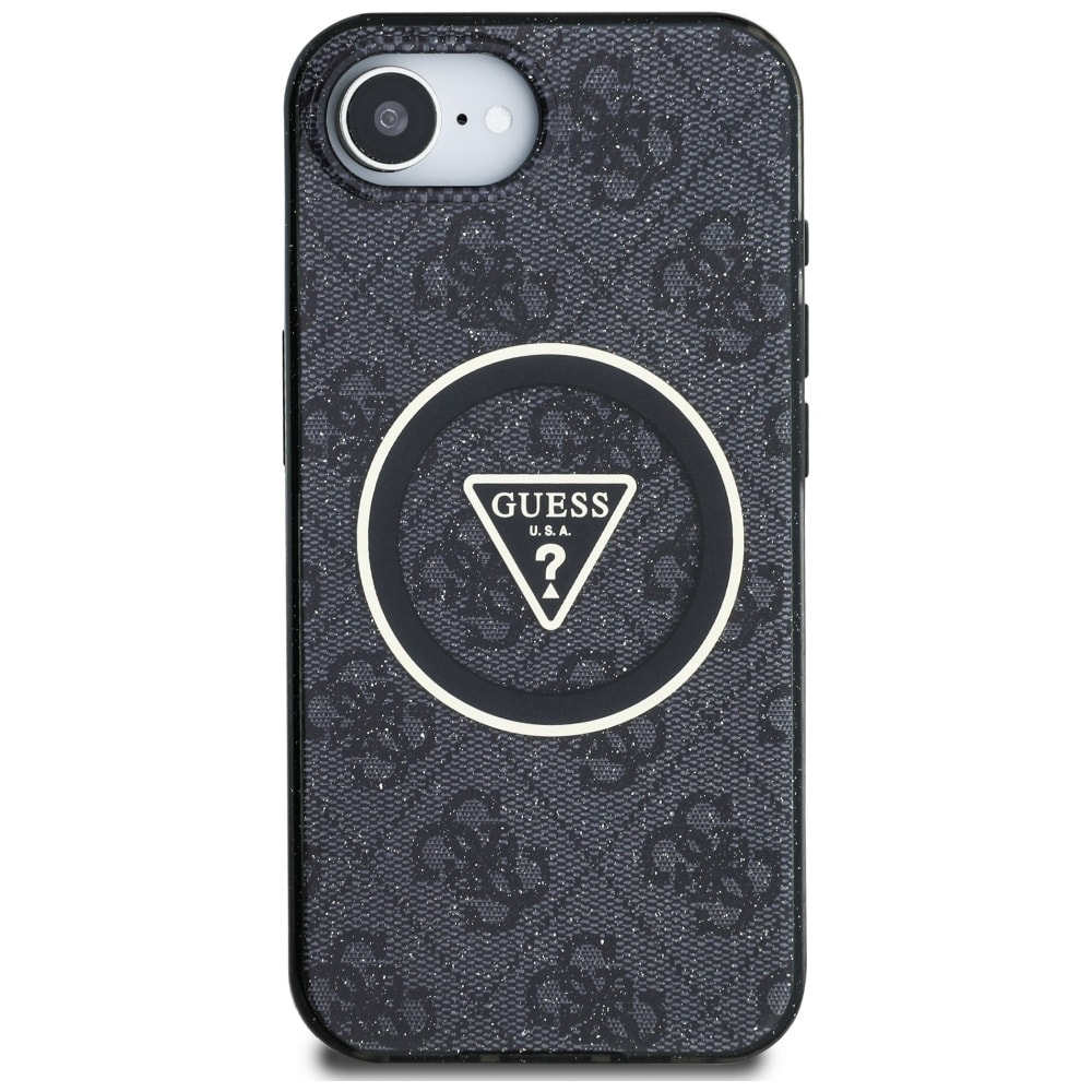 Guess IML Metal Glitter 4G Circle Triangle MagSafe Case for iPhone 16e - Musta