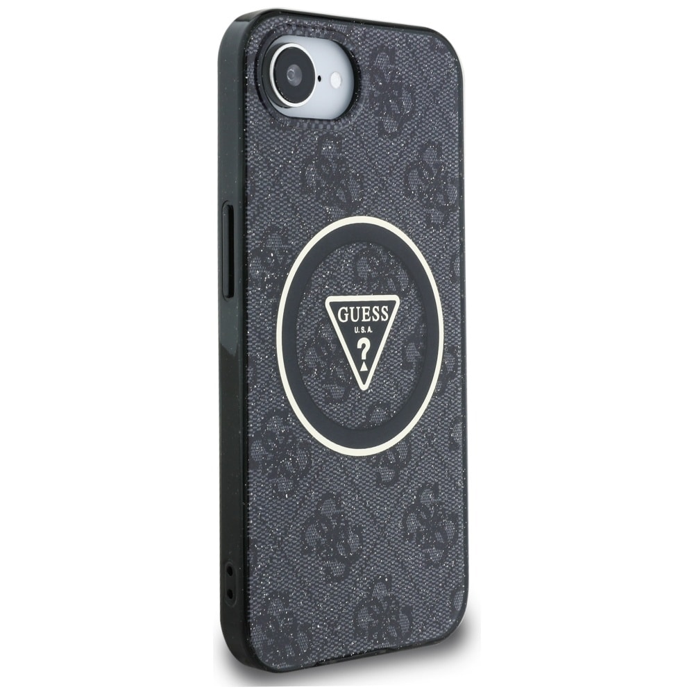 Guess IML Metal Glitter 4G Circle Triangle MagSafe Case for iPhone 16e - Musta