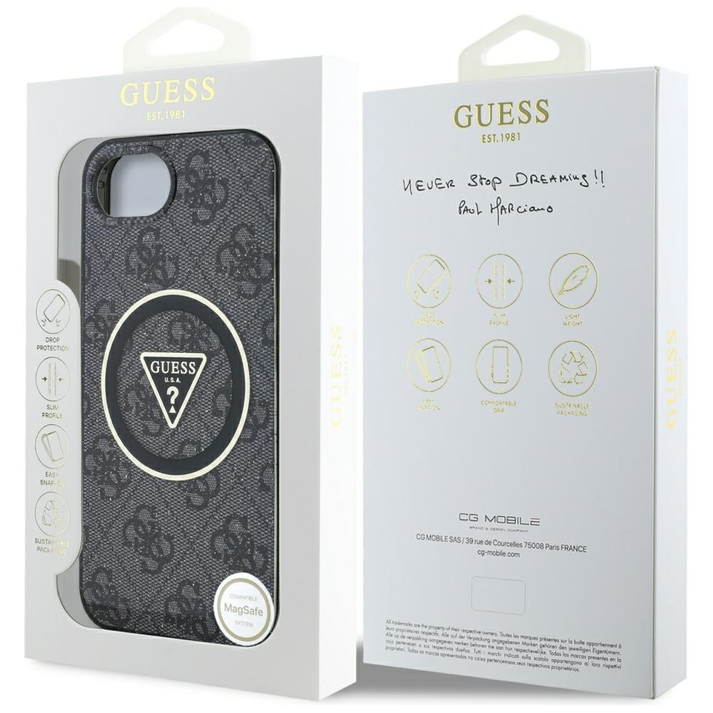 Guess IML Metal Glitter 4G Circle Triangle MagSafe Case for iPhone 16e - Musta