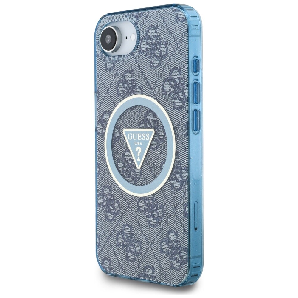 Guess IML Metal Glitter 4G Circle Triangle MagSafe Case for iPhone 16e - sininen