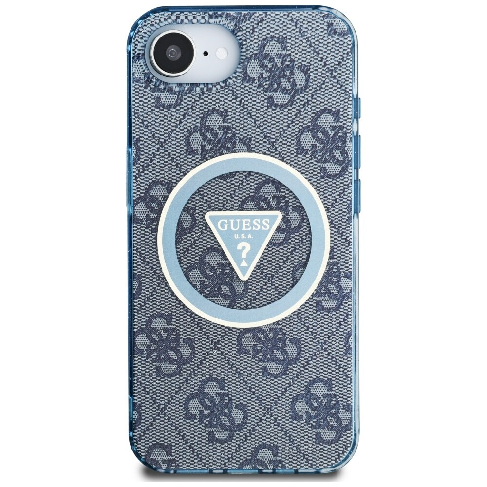 Guess IML Metal Glitter 4G Circle Triangle MagSafe Case for iPhone 16e - sininen