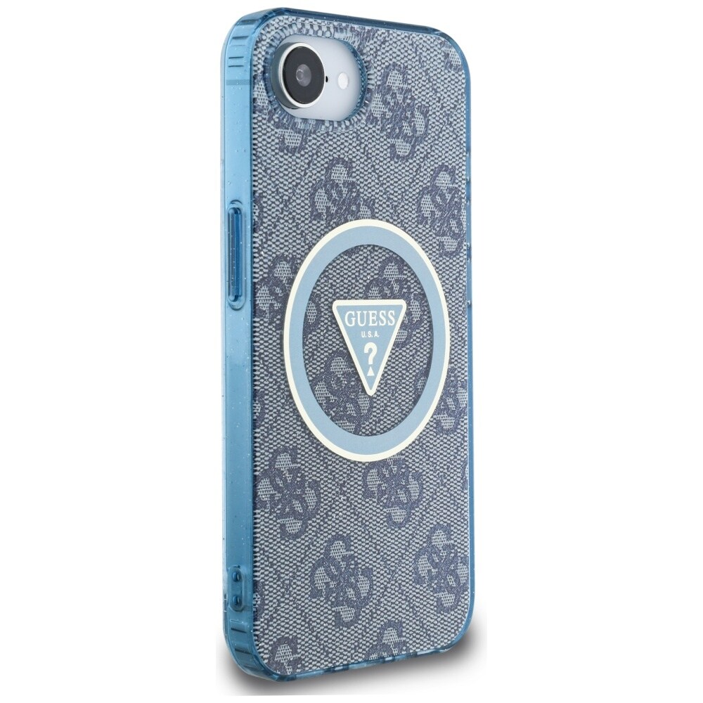 Guess IML Metal Glitter 4G Circle Triangle MagSafe Case for iPhone 16e - sininen