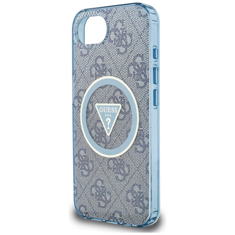 Guess IML Metal Glitter 4G Circle Triangle MagSafe Case for iPhone 16e - sininen