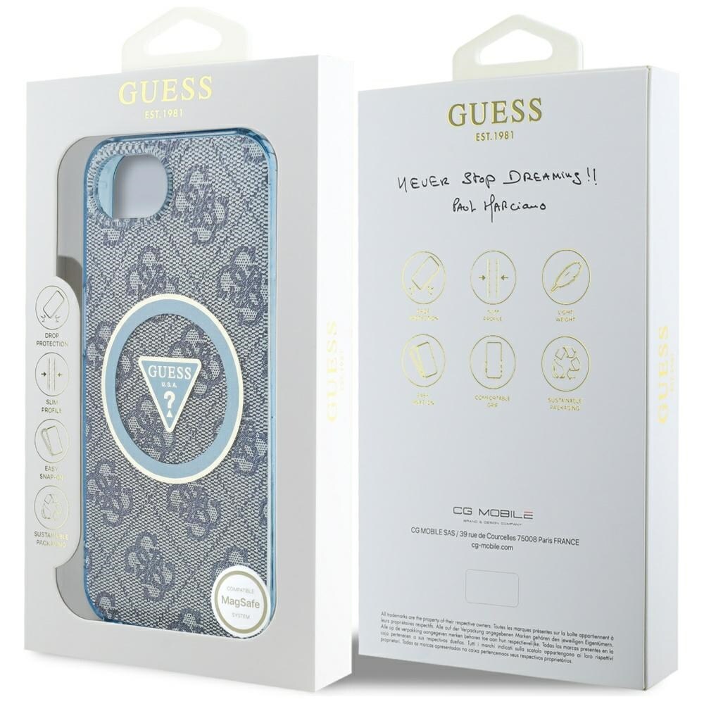 Guess IML Metal Glitter 4G Circle Triangle MagSafe Case for iPhone 16e - sininen