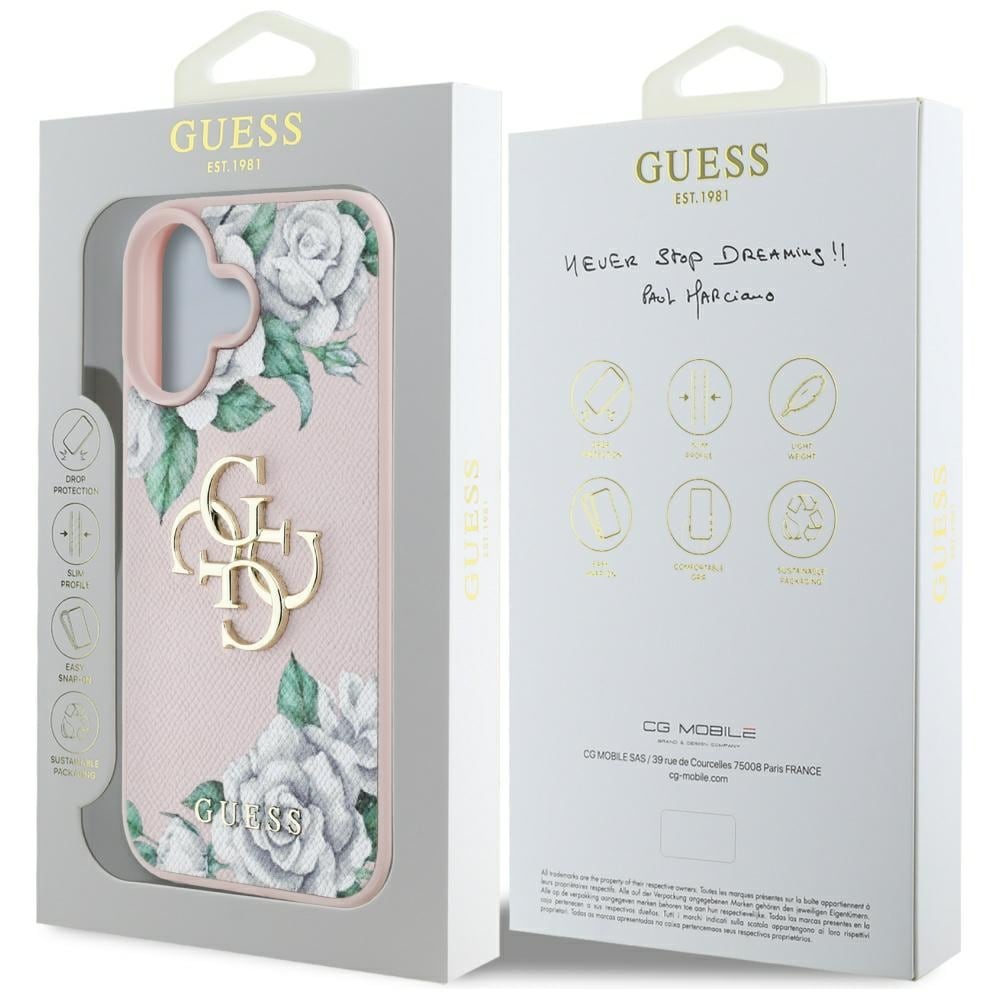 Guess Rakeiset ruusut Big 4G logo iPhone 16 kotelo - vaaleanpunainen
