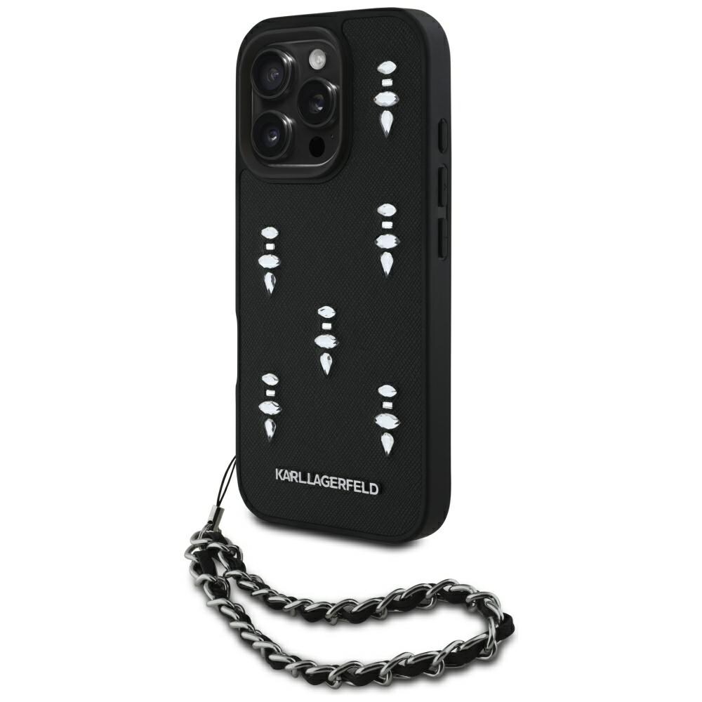 Karl Lagerfeld Saffiano kristallit ja ketju iPhone 16 Pro Max Case - Musta