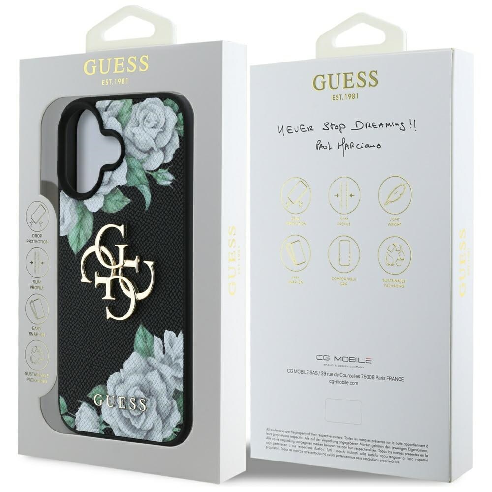 Guess Rakeiset ruusut Big 4G logo tapauksessa iPhone 16 - musta
