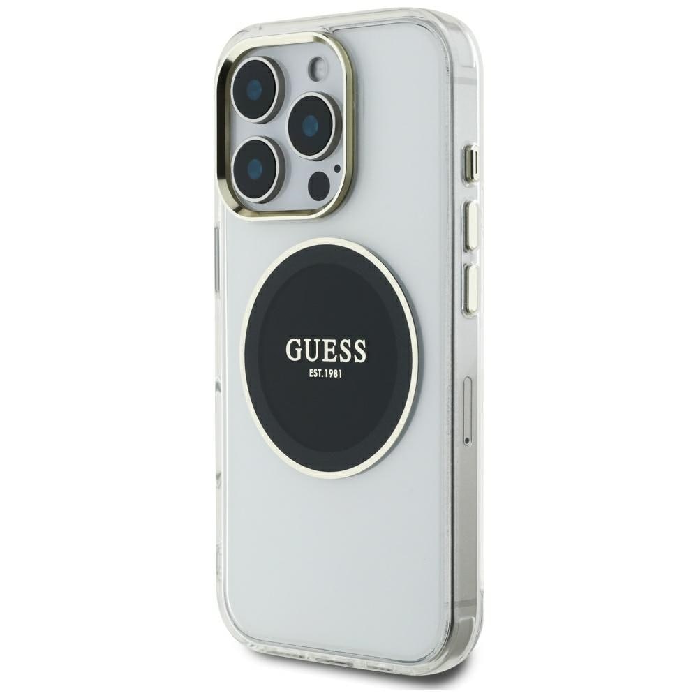 Guess IML Metal värillinen ympyrä Classic Logo MagSafe kotelo iPhone 16 Pro Maxille - musta