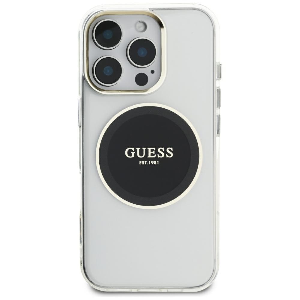 Guess IML Metal värillinen ympyrä Classic Logo MagSafe kotelo iPhone 16 Pro Maxille - musta