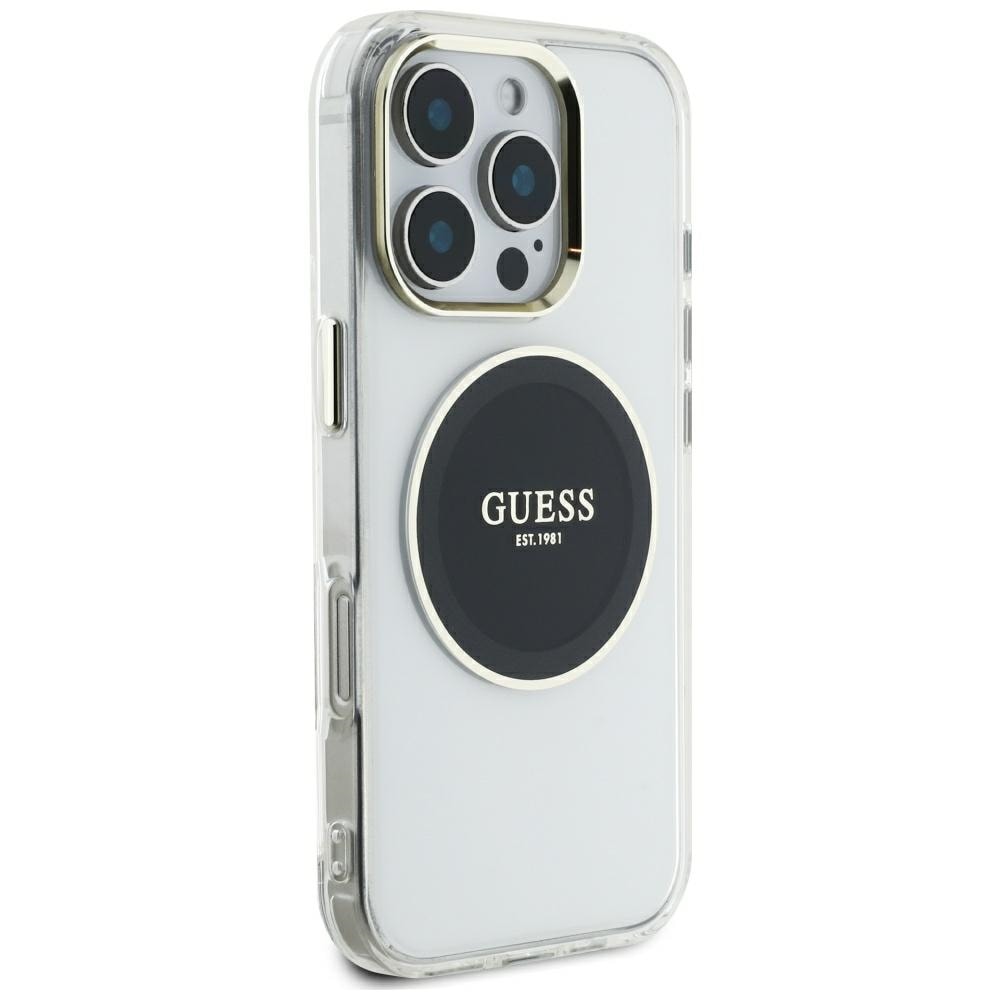 Guess IML Metal värillinen ympyrä Classic Logo MagSafe kotelo iPhone 16 Pro Maxille - musta