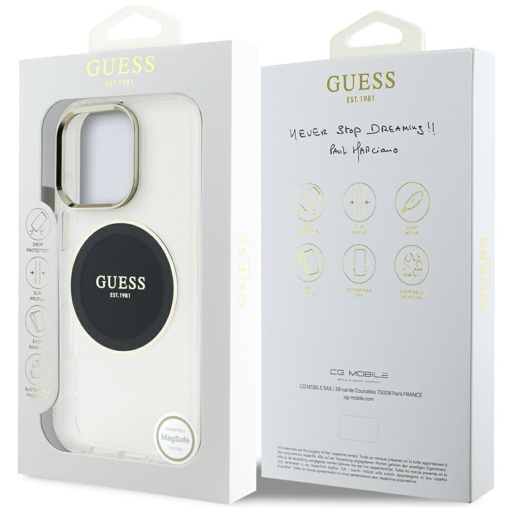 Guess IML Metal värillinen ympyrä Classic Logo MagSafe kotelo iPhone 16 Pro Maxille - musta