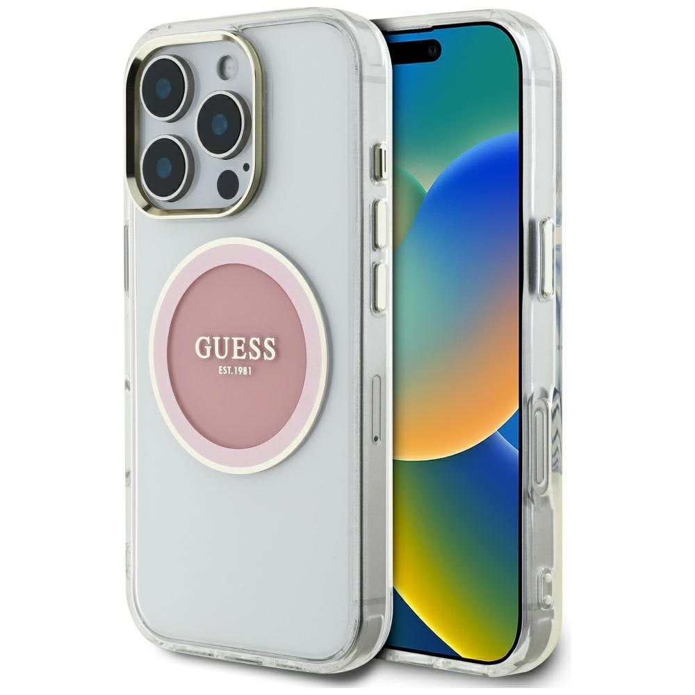 Guess IML Metal Colored Circle Classic Logo MagSafe kotelo iPhone 16 Pro Max - vaaleanpunainen