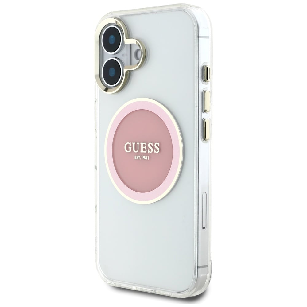 Guess IML Metal Colored Circle Classic Logo MagSafe iPhone 16 kotelo - vaaleanpunainen