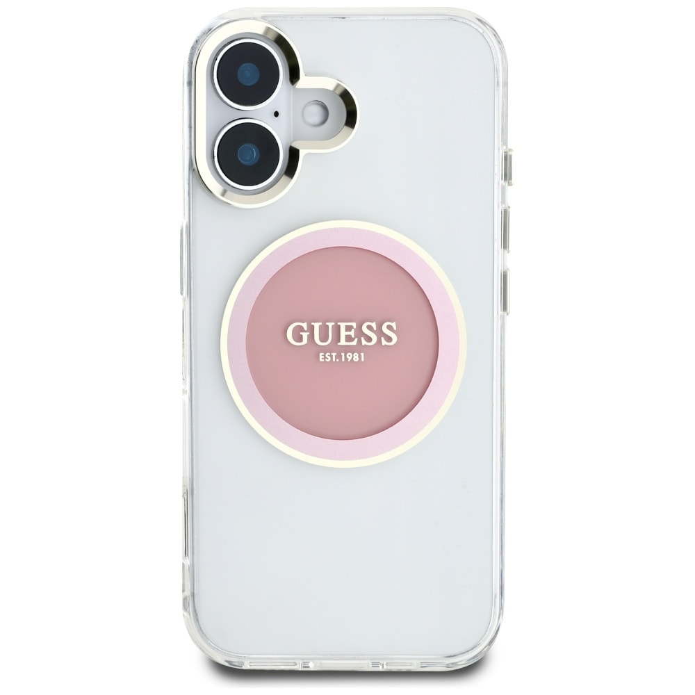 Guess IML Metal Colored Circle Classic Logo MagSafe iPhone 16 kotelo - vaaleanpunainen