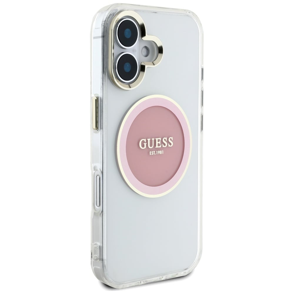 Guess IML Metal Colored Circle Classic Logo MagSafe iPhone 16 kotelo - vaaleanpunainen