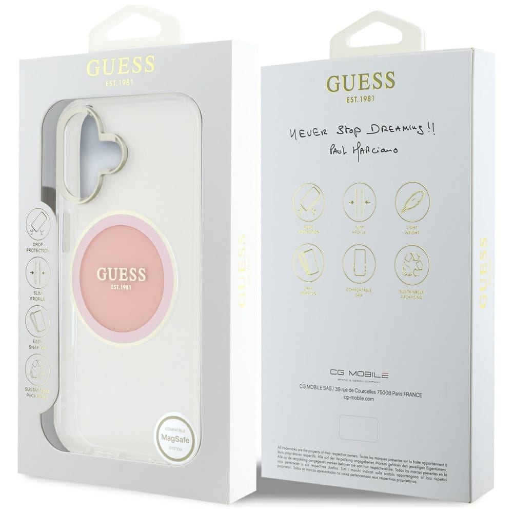 Guess IML Metal Colored Circle Classic Logo MagSafe iPhone 16 kotelo - vaaleanpunainen