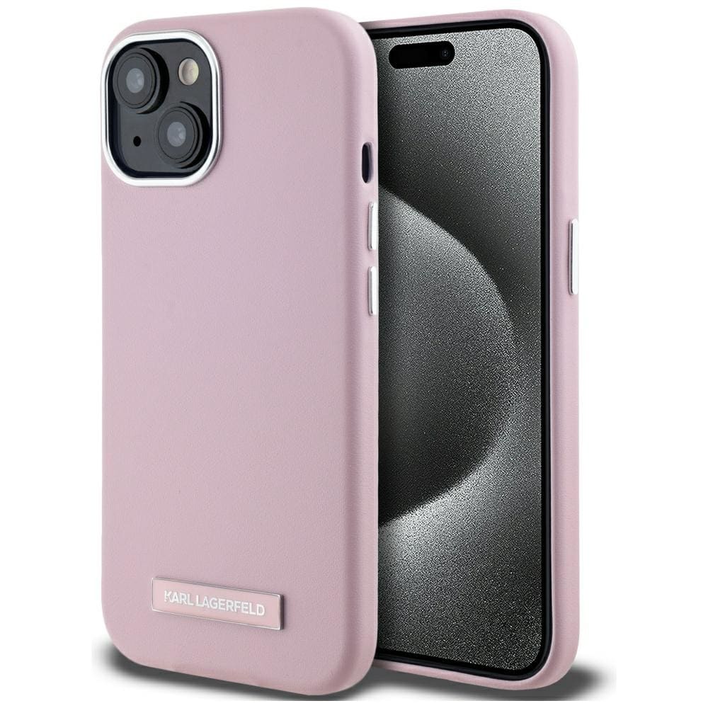 Karl Lagerfeld FW Metal Plate MagSafe iPhone 15 Case - vaaleanpunainen