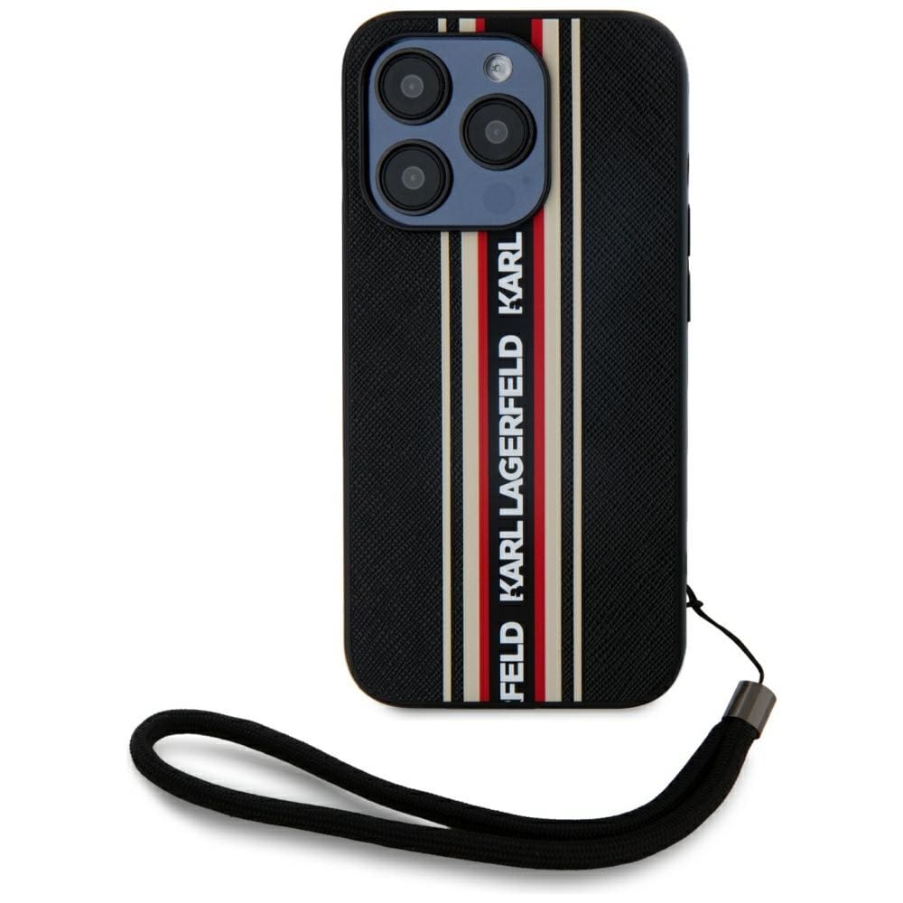Karl Lagerfeld Saffiano Athleisure Stripes Cord iPhone 15 Pro Case - punainen