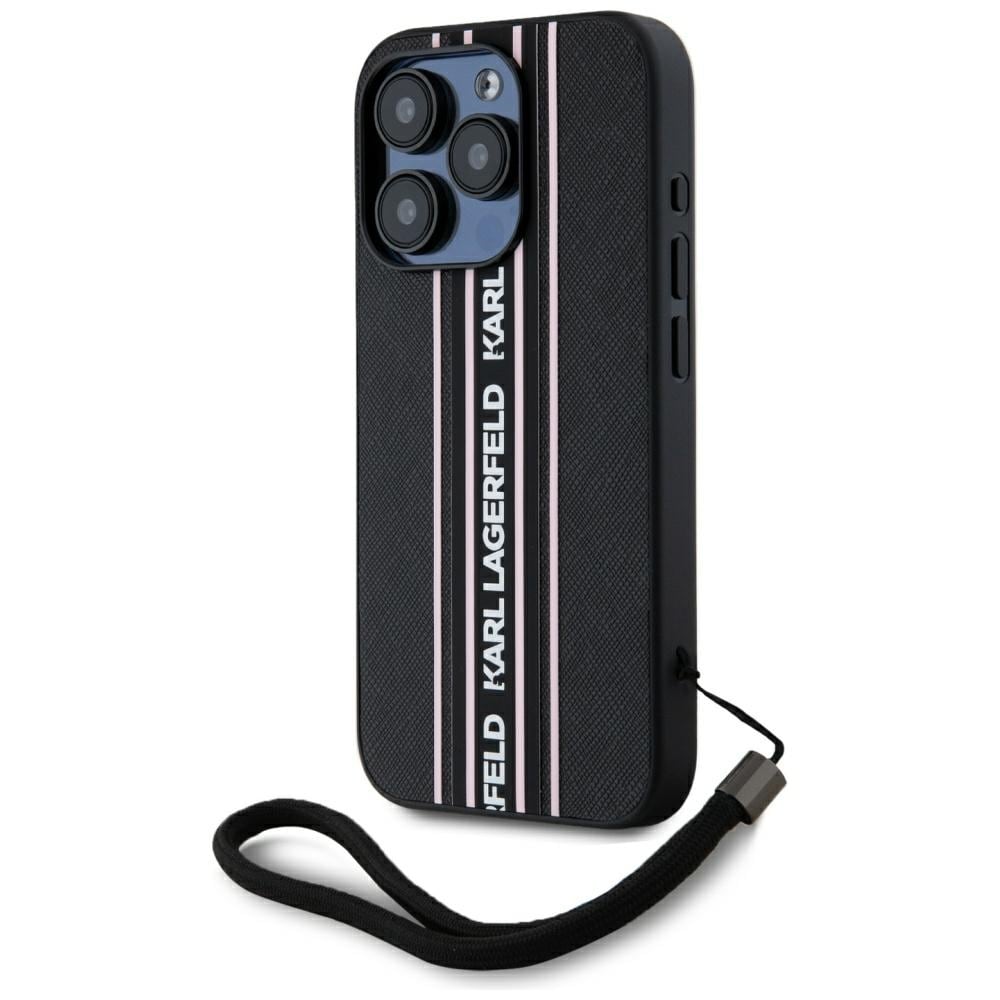 Karl Lagerfeld Saffiano Athleisure Stripes Cord iPhone 15 Pro Max Case - Vaaleanpunainen