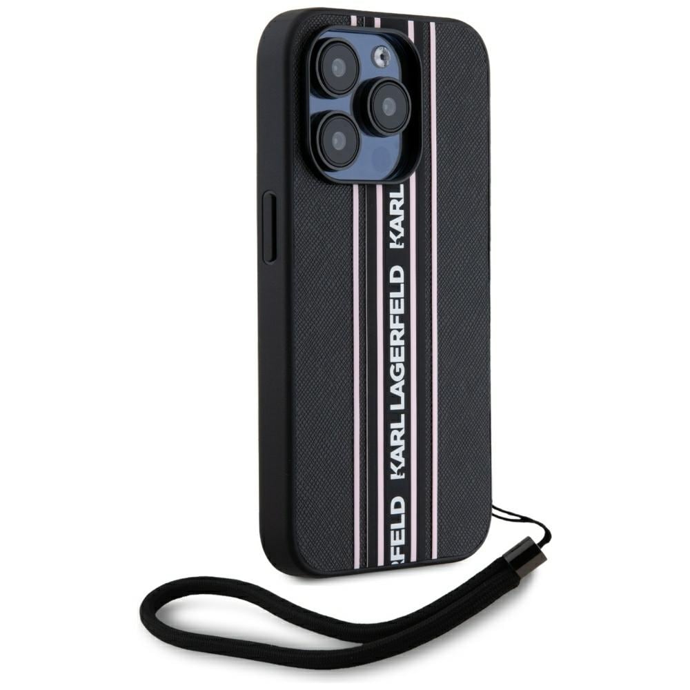 Karl Lagerfeld Saffiano Athleisure Stripes Cord iPhone 15 Pro Max Case - Vaaleanpunainen