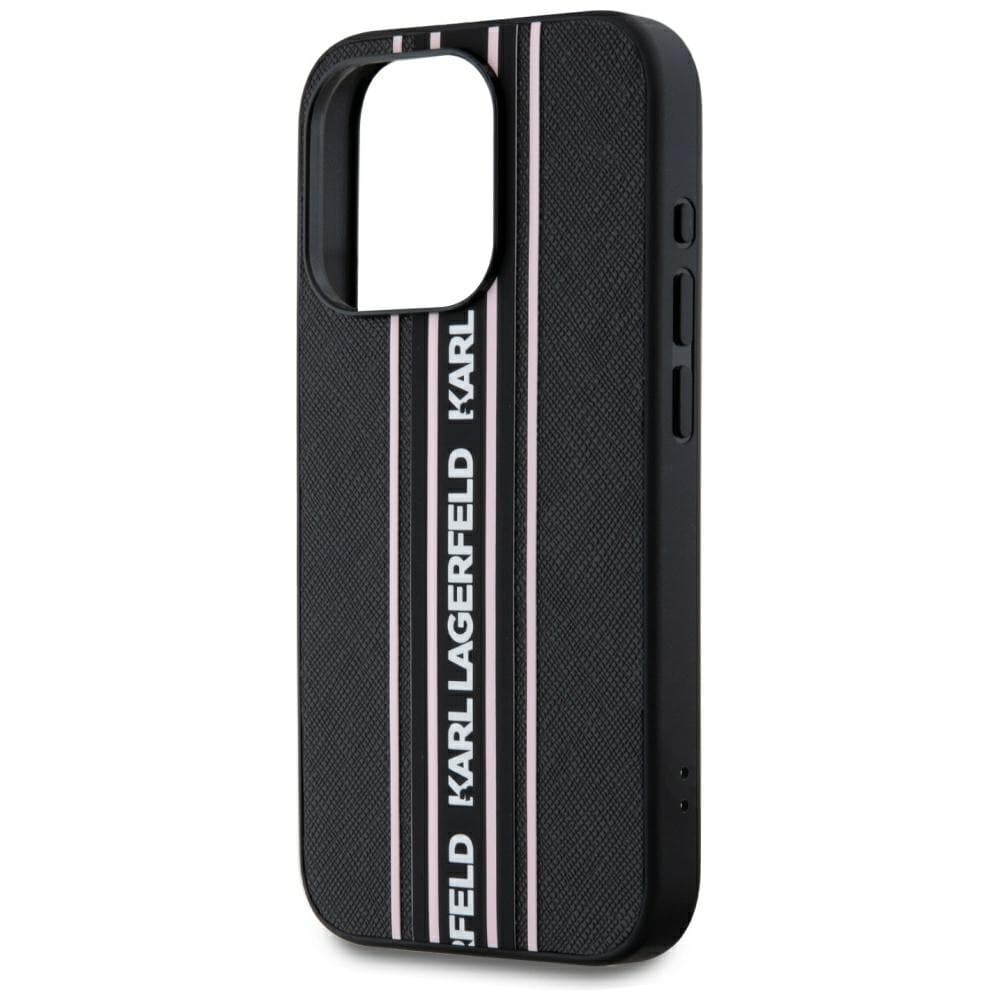 Karl Lagerfeld Saffiano Athleisure Stripes Cord iPhone 15 Pro Max Case - Vaaleanpunainen