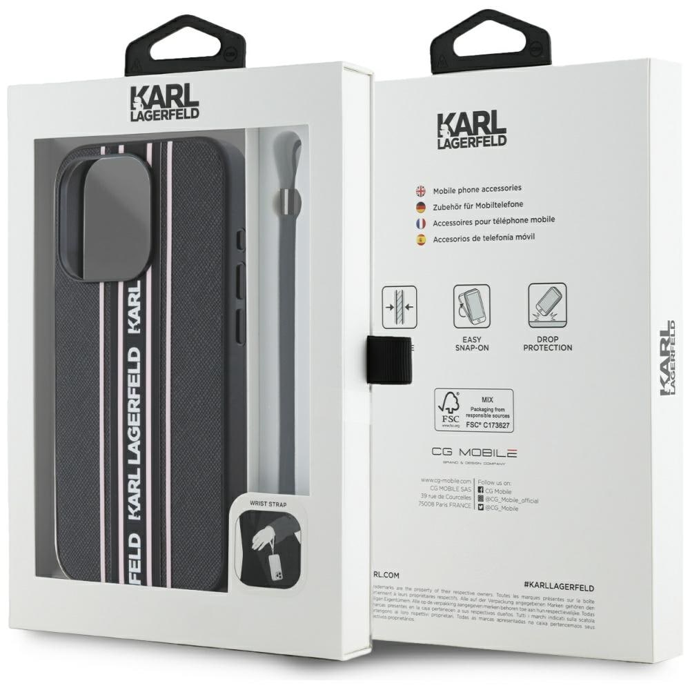 Karl Lagerfeld Saffiano Athleisure Stripes Cord iPhone 15 Pro Max Case - Vaaleanpunainen