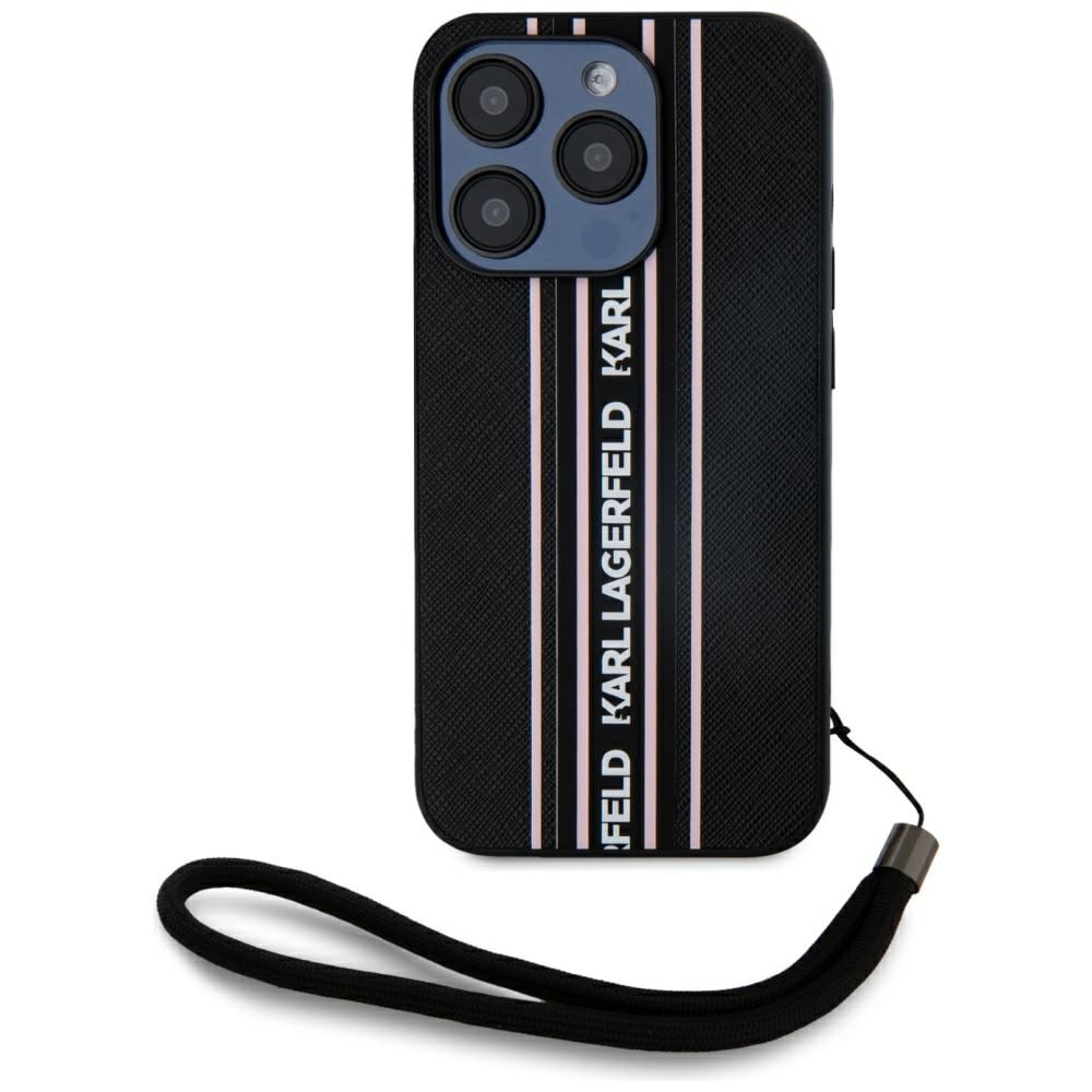 Karl Lagerfeld Saffiano Athleisure Stripes Cord iPhone 15 Pro Case - Vaaleanpunainen