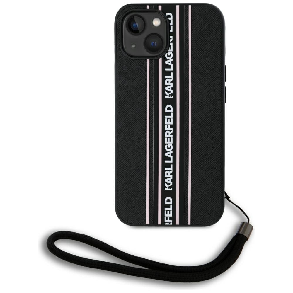Karl Lagerfeld Saffiano Athleisure Stripes Cord iPhone 15 Case - vaaleanpunainen