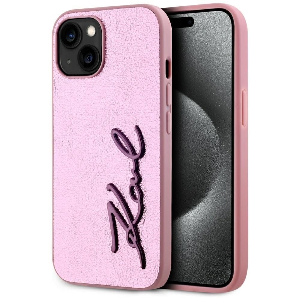 Karl Lagerfeld ryppyinen metalli allekirjoitus iPhone 15 Case - vaaleanpunainen