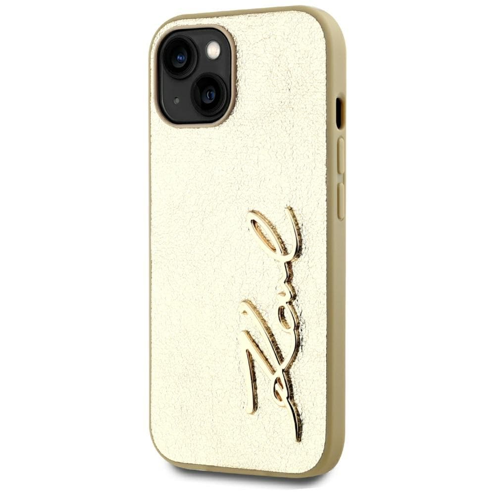 Karl Lagerfeld ryppyinen metalli allekirjoitus iPhone 15 Case - Gold