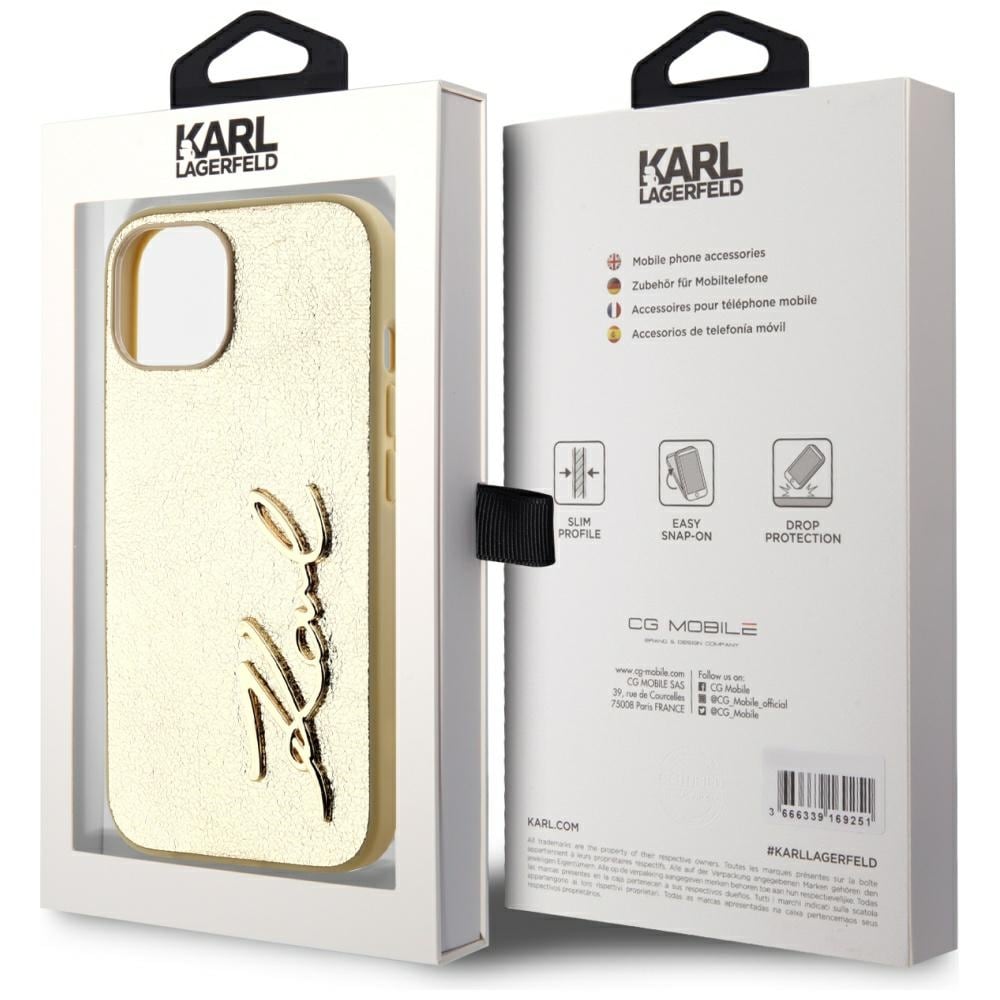 Karl Lagerfeld ryppyinen metalli allekirjoitus iPhone 15 Case - Gold