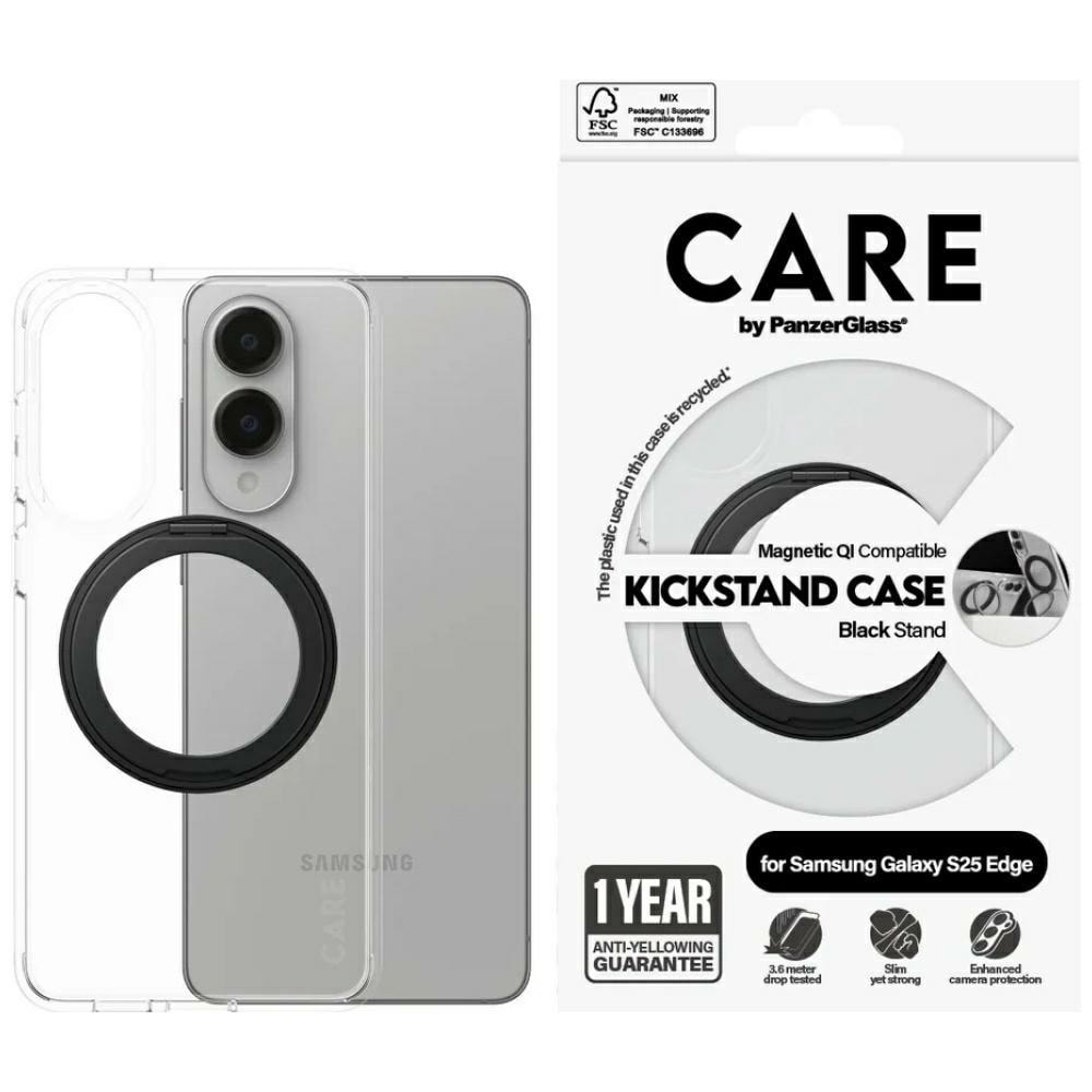 CARE by PanzerGlass Black Kickstand & QI Case for Samsung Galaxy S25 Edge - Transparent