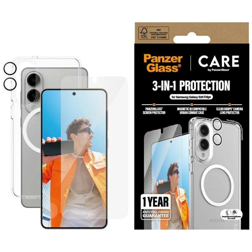 CARE by PanzerGlass Flagship 3in1 Kotelo+Lasi+Objektiivi Samsung Galaxy S25 Edge - läpinäkyvää
