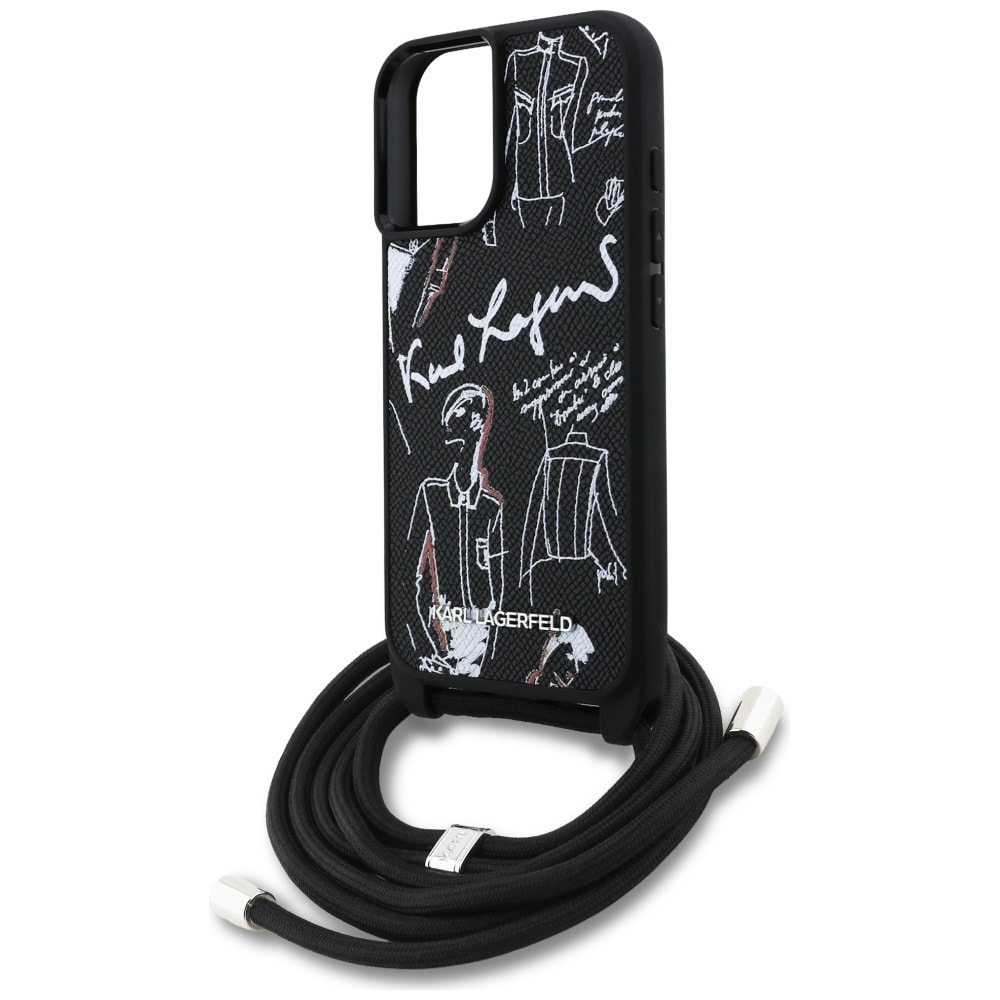 Karl Lagerfeld Crossbody rakeinen kuvio & logo tapauksessa iPhone 16 - musta