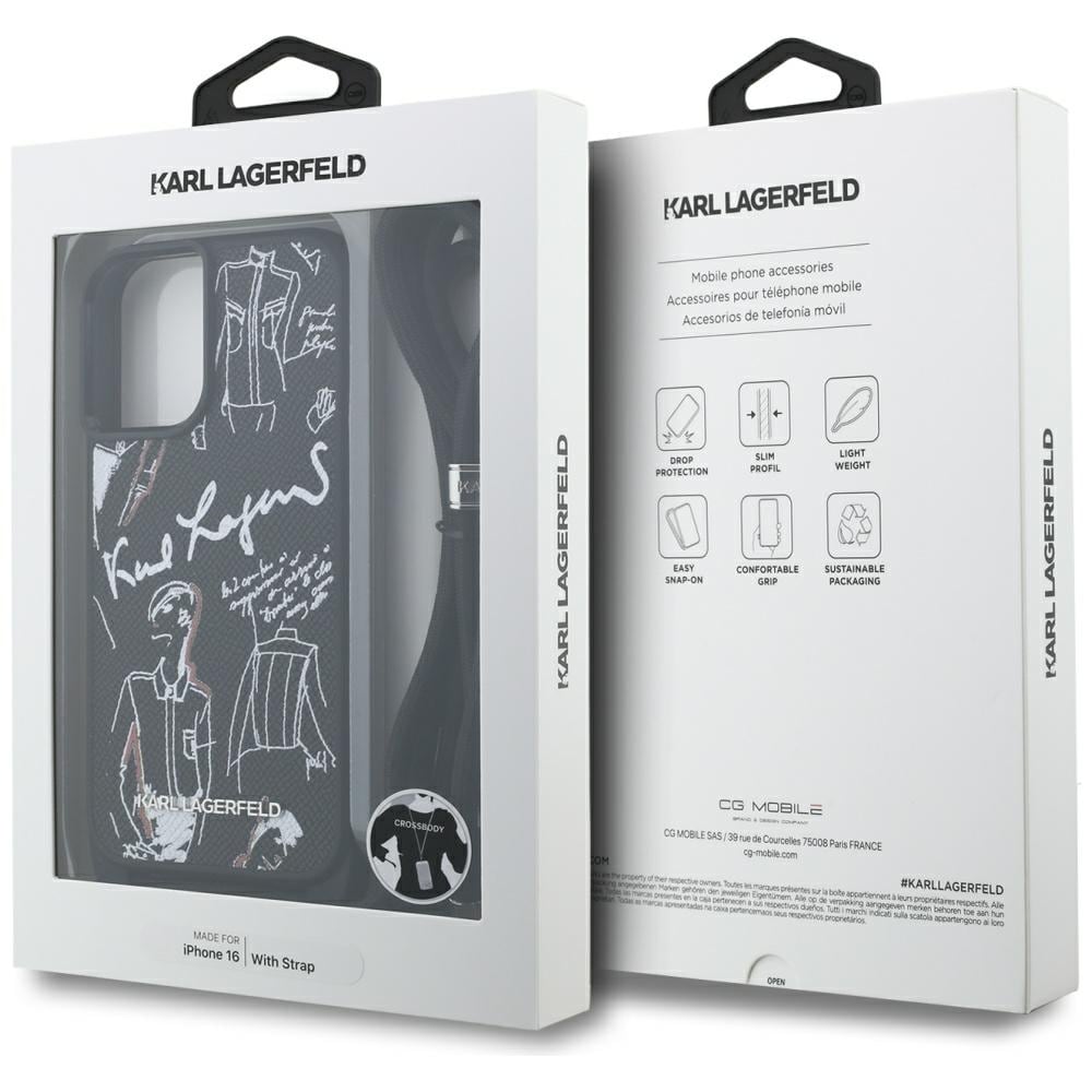 Karl Lagerfeld Crossbody rakeinen kuvio & logo tapauksessa iPhone 16 - musta