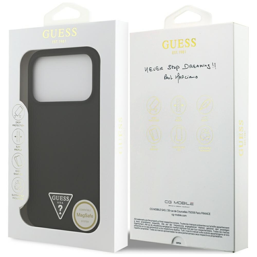 Guess Silikoni-kolmio logolla varustettu MagSafe-kotelo iPhone 17 Pro:lle - musta