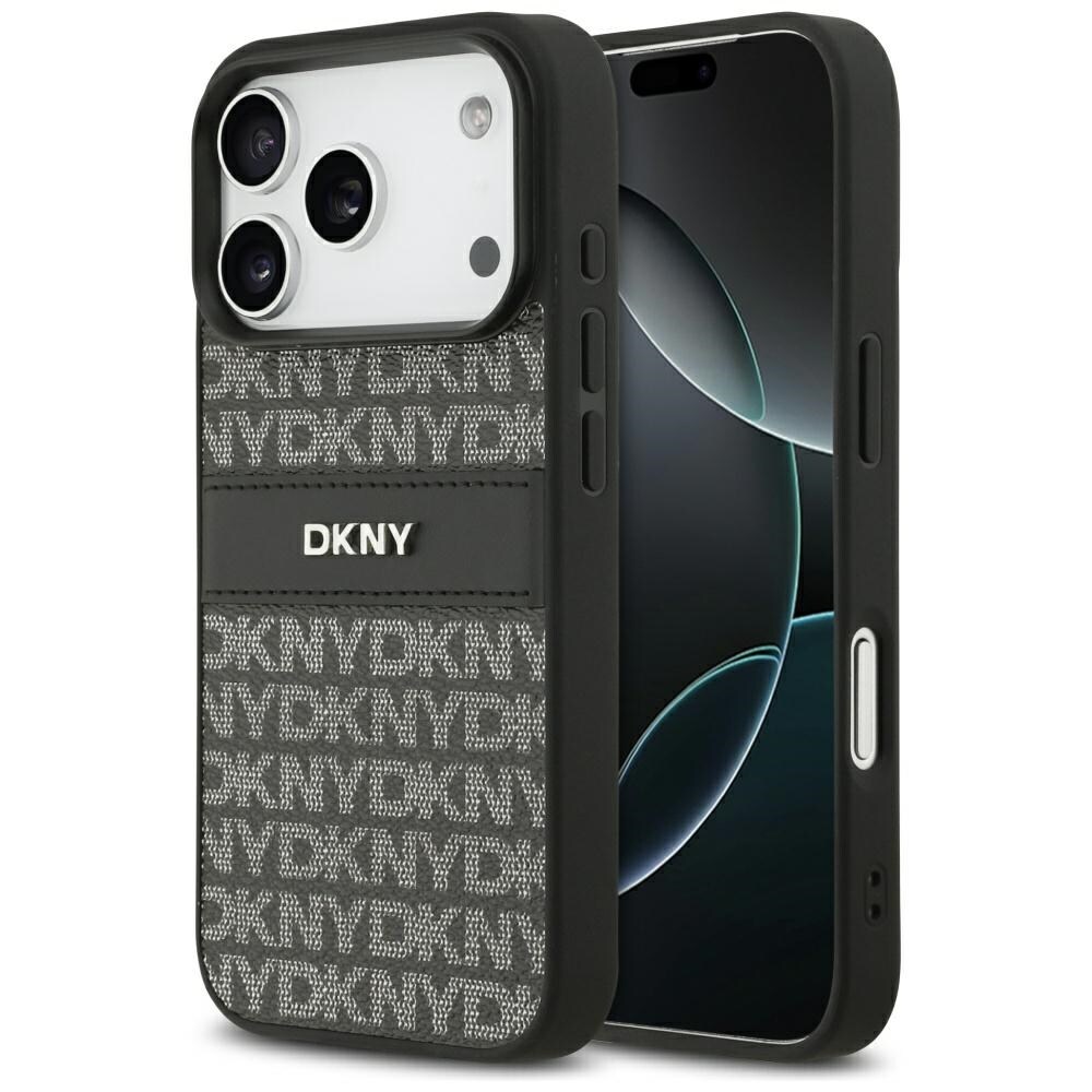 DKNY Repeat Texture Pattern with Tonal Stripe iPhone 17 Pro Case - Musta