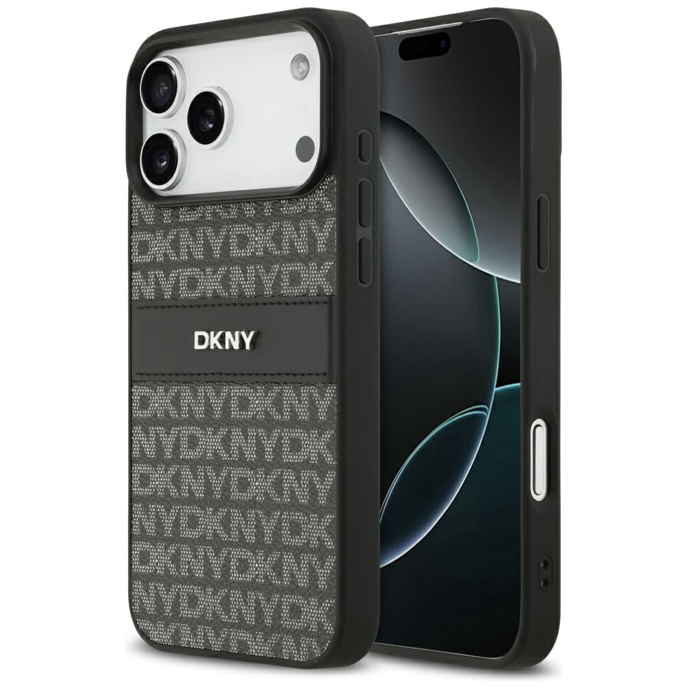 DKNY Repeat Texture Pattern with Tonal Stripe Case for iPhone 17 Pro Max - Musta