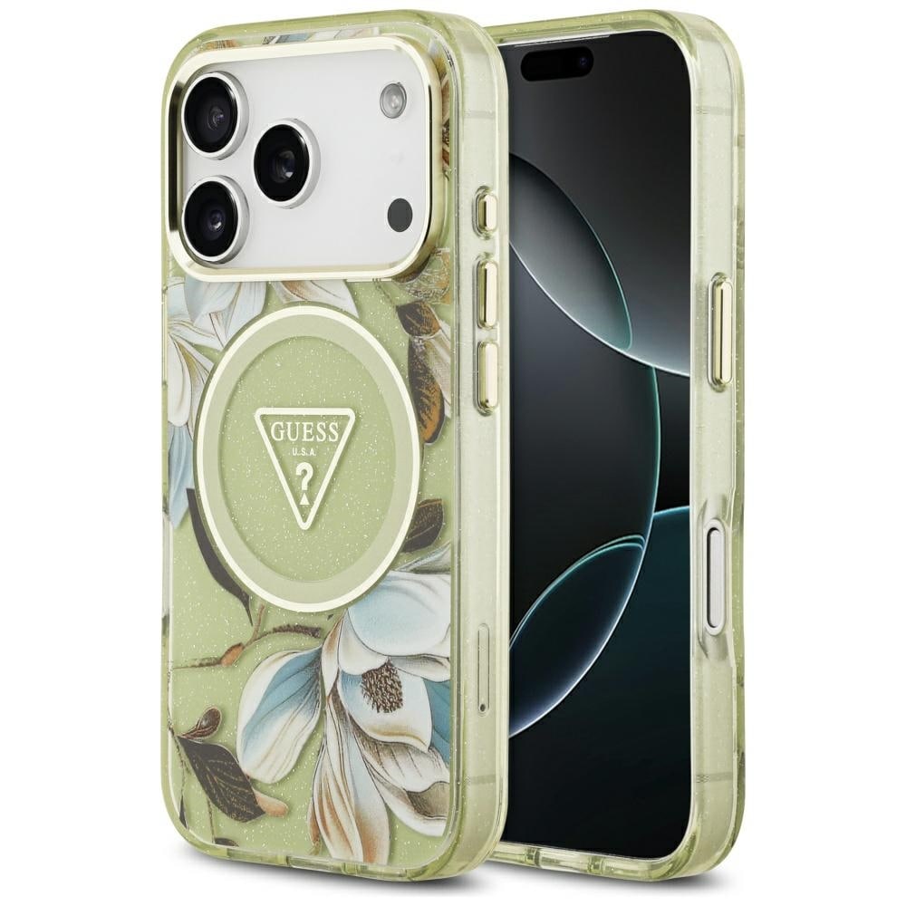 Guess IML Glitter Flowers Triangle MagSafe -kotelo iPhone 17 Pro Maxille - vihreä