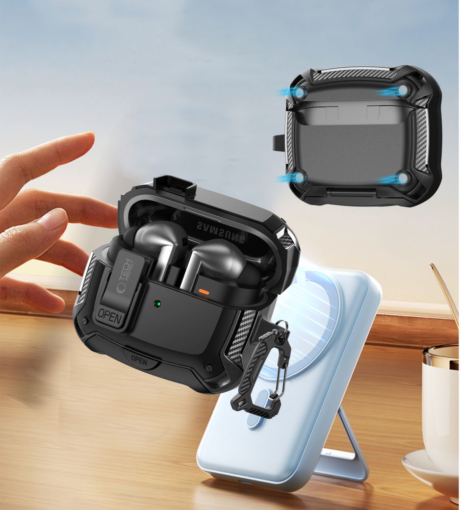 Tech-Protect Silikoninen koukkukotelo Samsung Galaxy Buds 3 / 3 FE / 3 Pro - musta