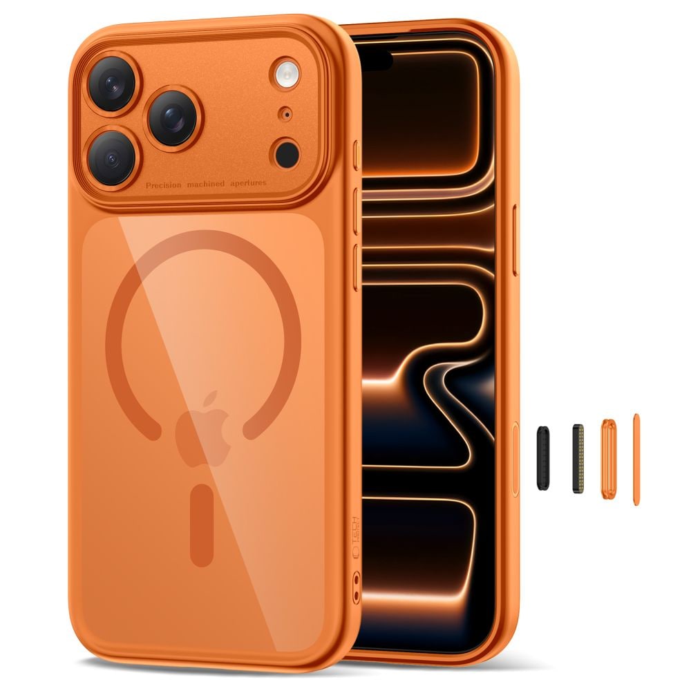 Tech-Protect Magpeak Magsafe CC -kotelo iPhone 17 Pro Maxille - läpinäkyvä oranssi väri