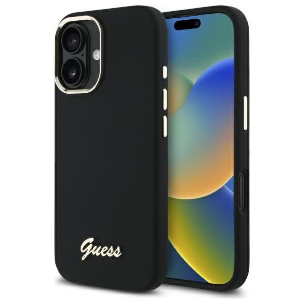 Guess Silikoni Script Metal Logo & Frame Case for iPhone 16 Plus - musta