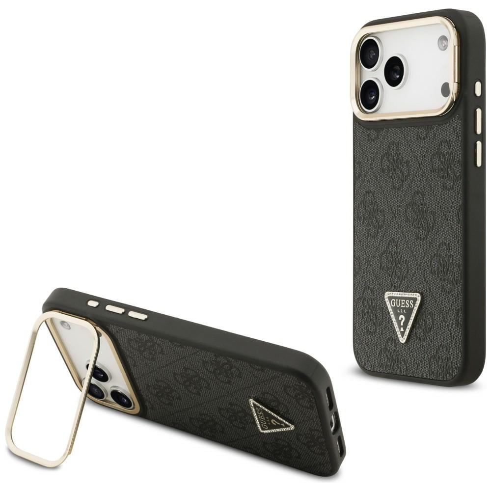 Guess 4G PU -kolmiologolla ja kameratukilla varustettu MagSafe-kotelo iPhone 17 Pro Maxille – musta
