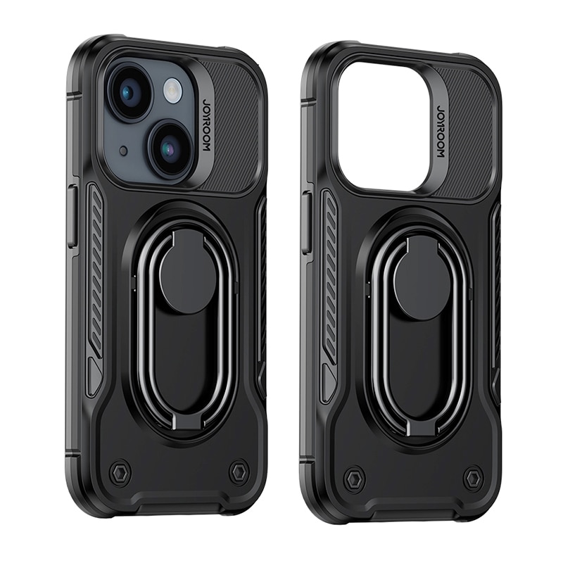 Joyroom iPhone 14 panssaroitu kotelo jalustalla ja rengaspidikkeellä, musta