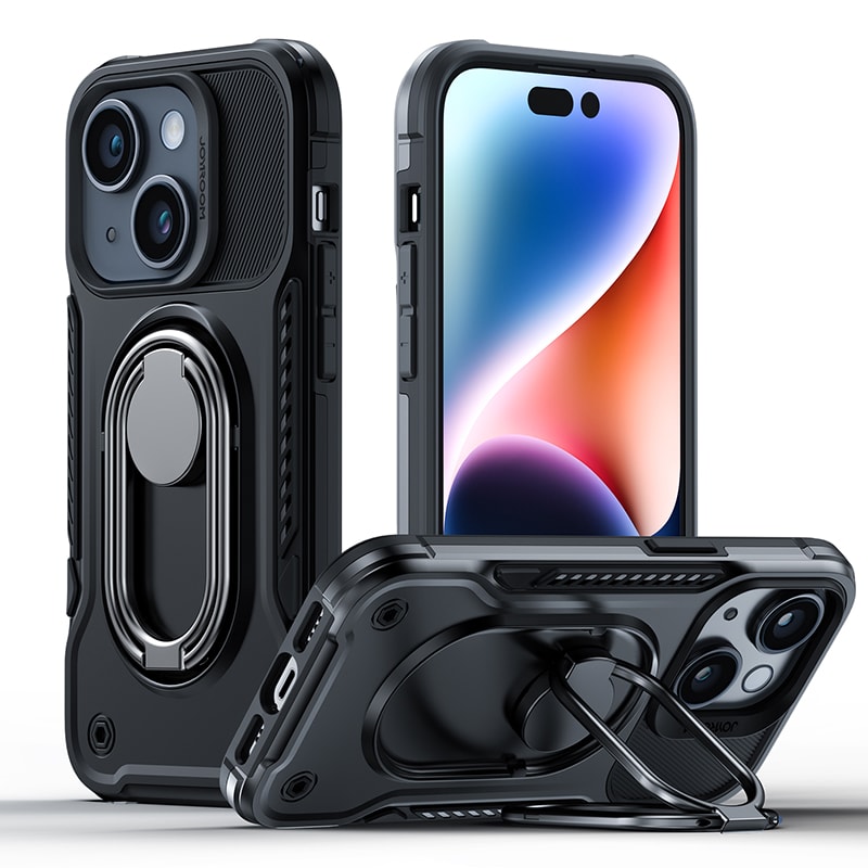Joyroom iPhone 14 panssaroitu kotelo jalustalla ja rengaspidikkeellä, musta