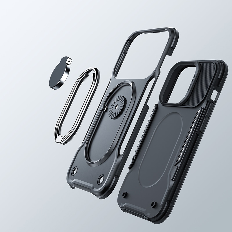 Joyroom iPhone 14 panssaroitu kotelo jalustalla ja rengaspidikkeellä, musta