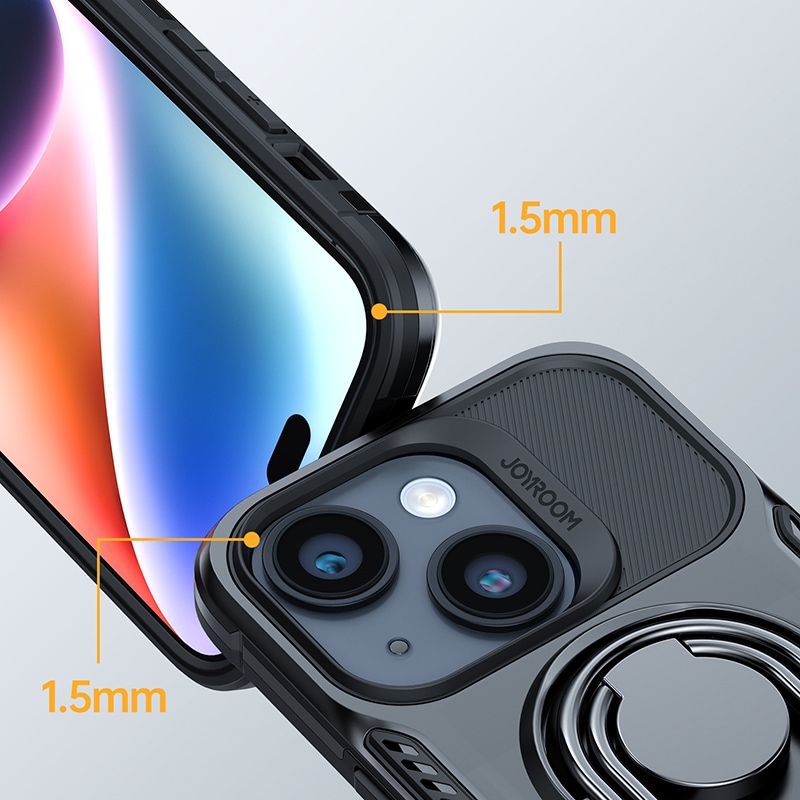 Joyroom iPhone 14 panssaroitu kotelo jalustalla ja rengaspidikkeellä, musta