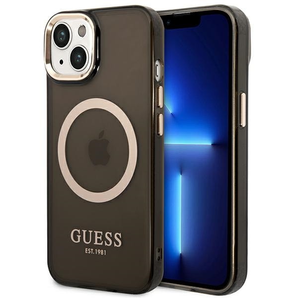 Guess GUHMP14SHTCMK iPhone 14 6.1" musta/musta kova kotelo Gold Outline Translucent MagSafe