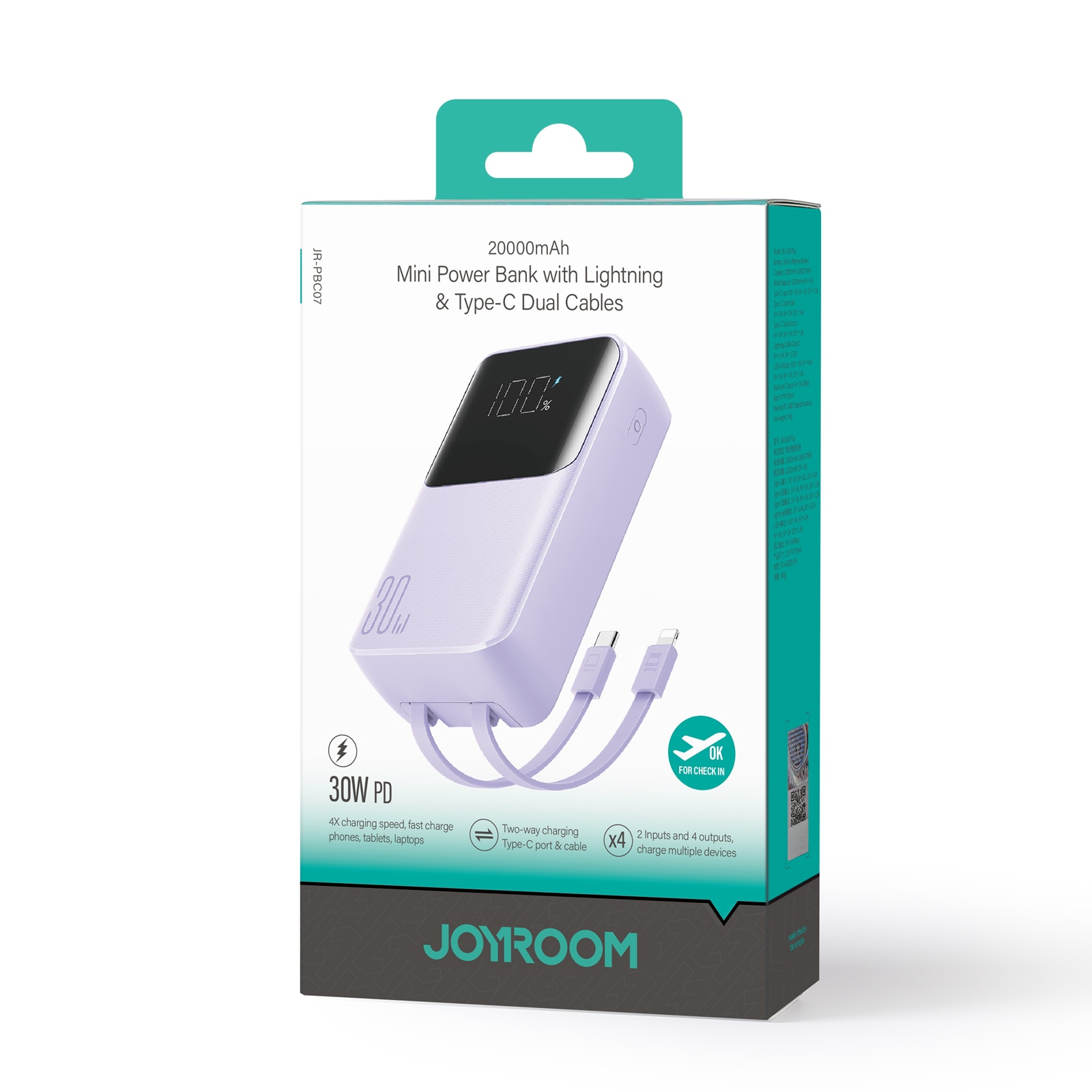 Joyroom JR-PBC07 20000mAh 30W mini-virtapankki USB-C- ja Lightning-kaapeleilla - violetti