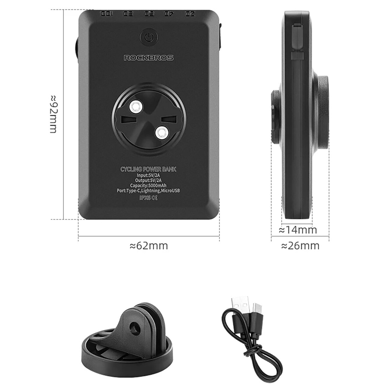 Rockbros JP008 etupyörävalo laskuriin, jossa on virtalähde 5000mAh 150lm IPX6 - musta - musta